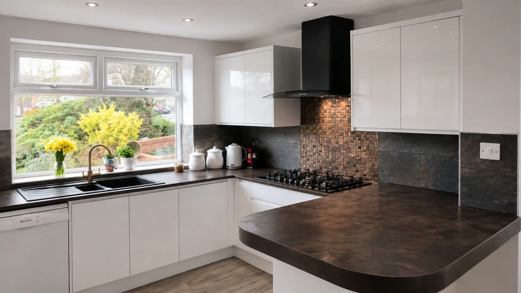 Contemporary white kitchen with dark worktops