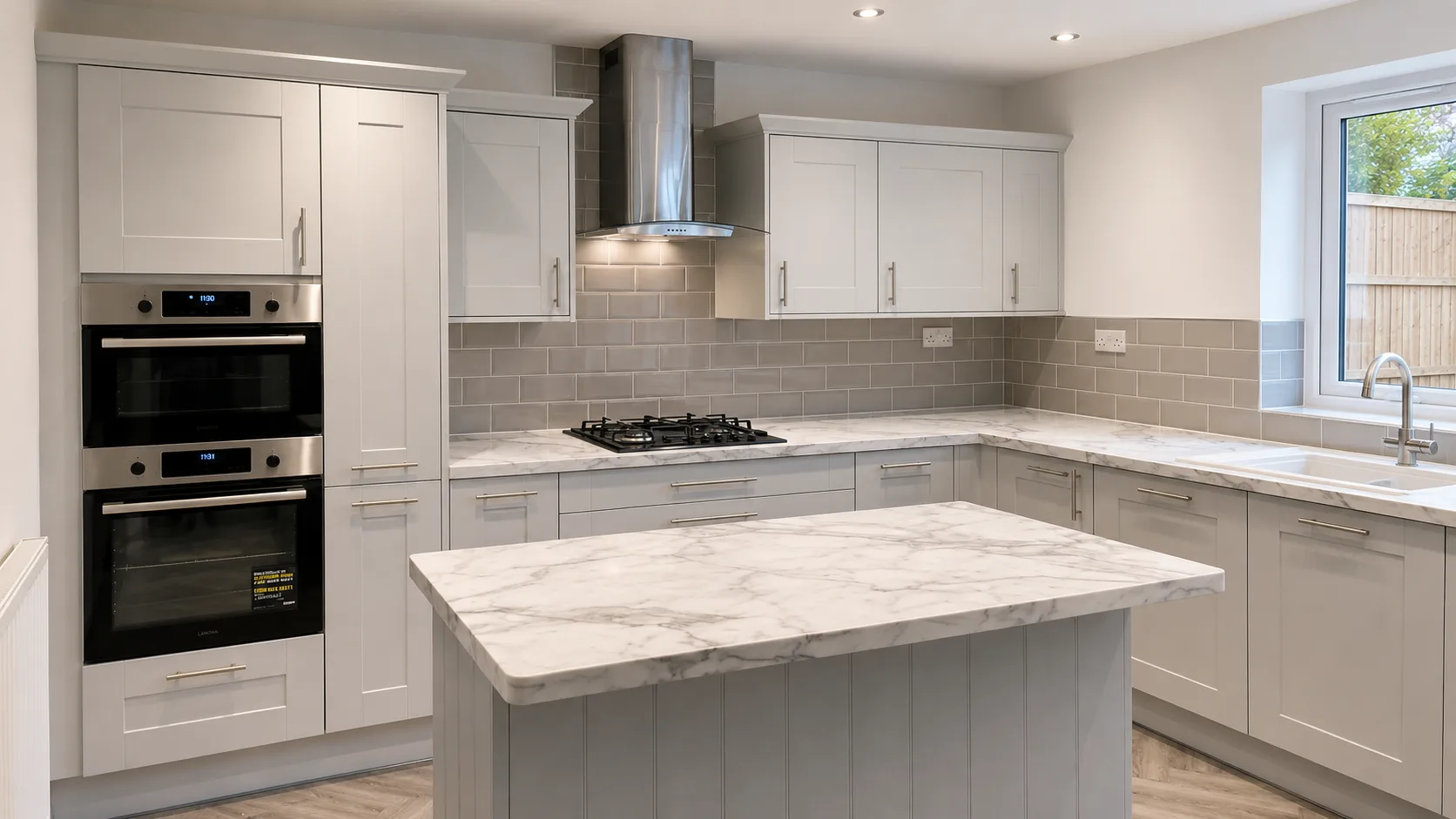 Bright fitted kitchen with a marble island