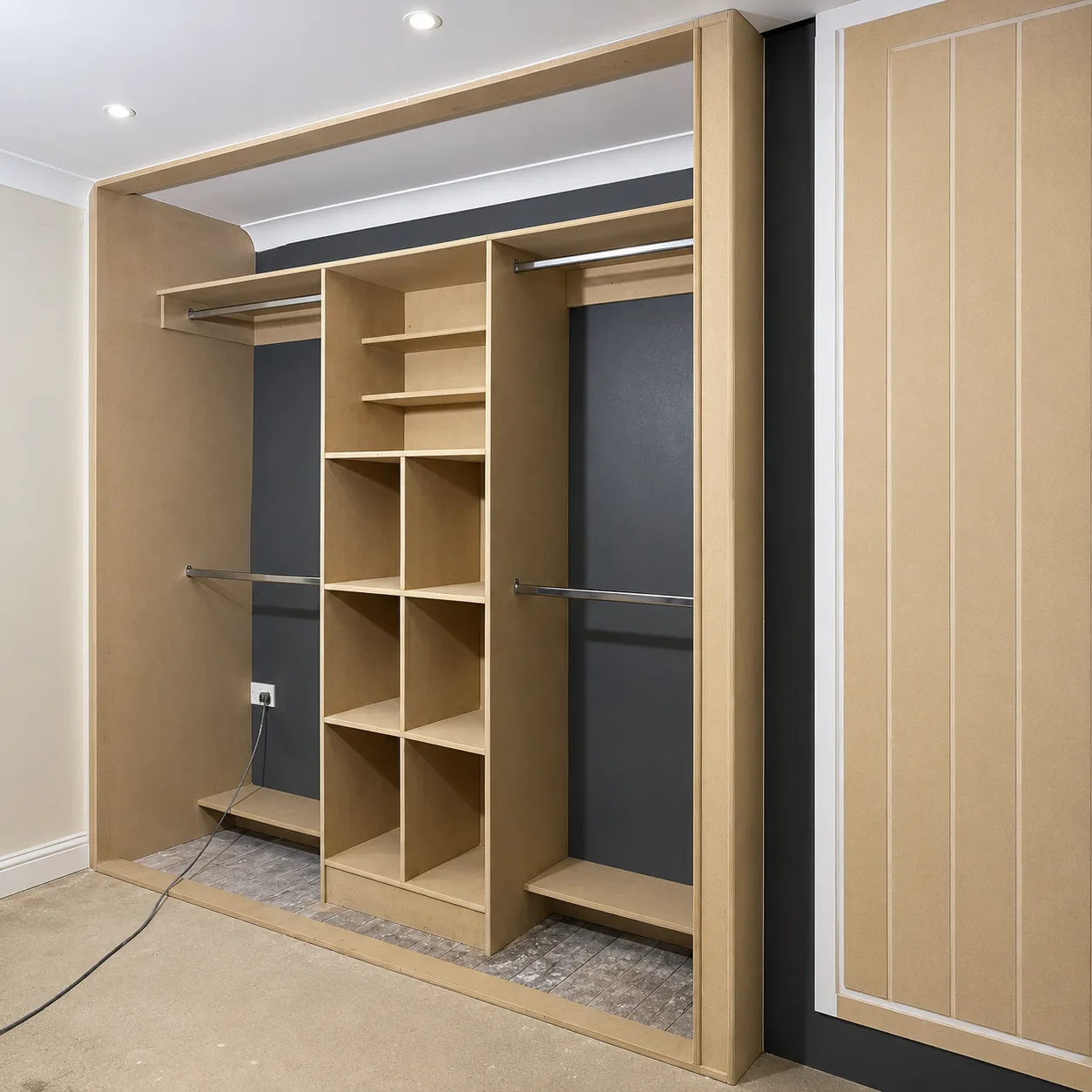Bespoke carpentry showing fitted wardrobe storage under installation