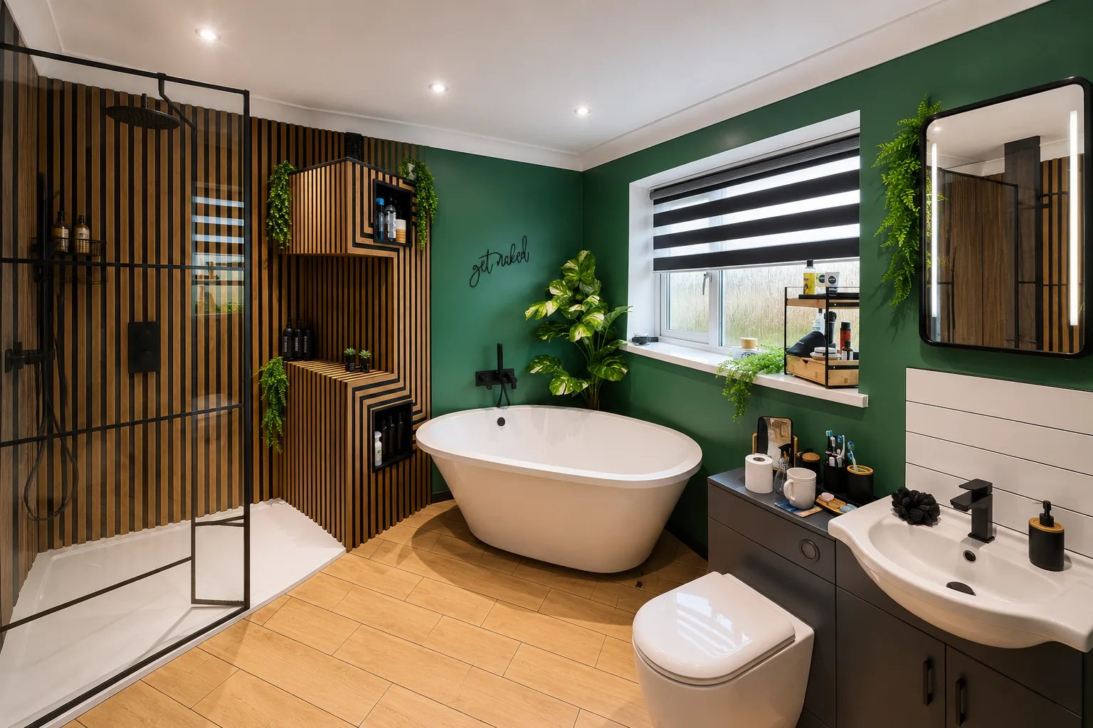 Bespoke wet room with walk-in shower, freestanding bath and green feature wall